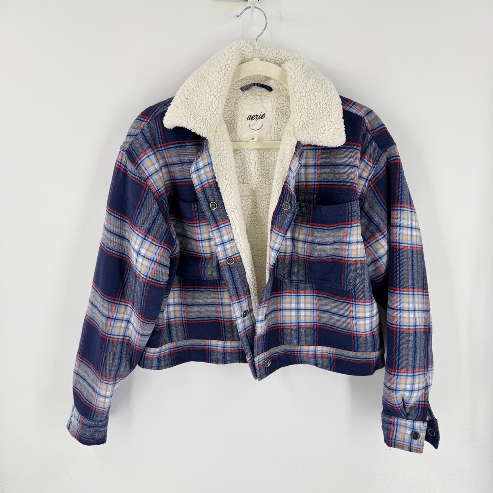 Aerie Plaid Sherpa Lined Shirt Jacket Blue XS Shacket Flannel Cropped